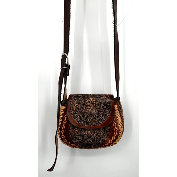 Vintage Hand Tooled Brown Leather Aztec Calendar Bag Crossbody Handmade Mexican - Picture 2 of 9